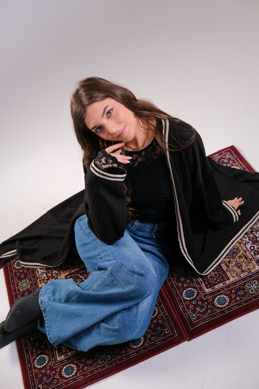 Black Ribbed Knit Maxi Kimono