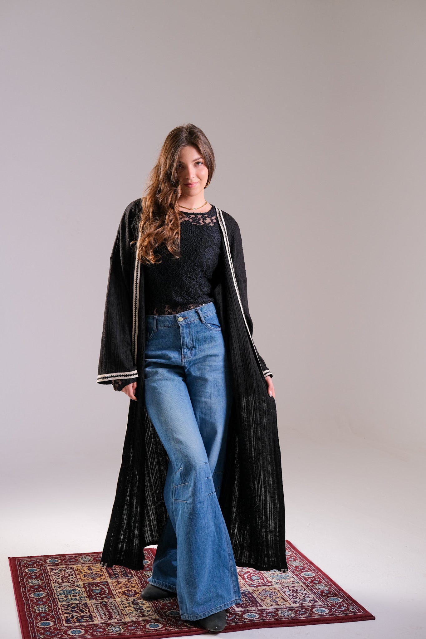 Black Ribbed Knit Maxi Kimono