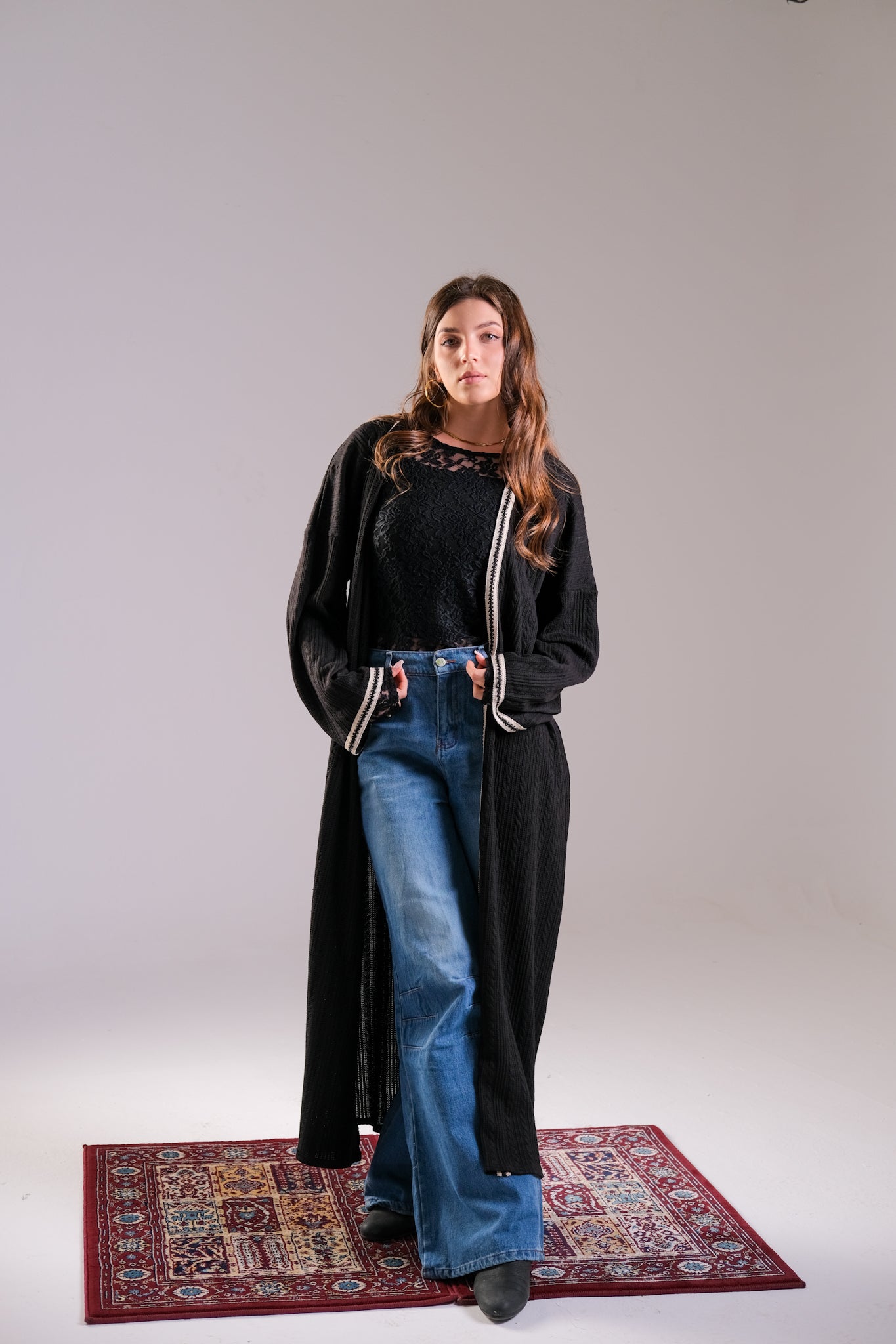 Black Ribbed Knit Maxi Kimono