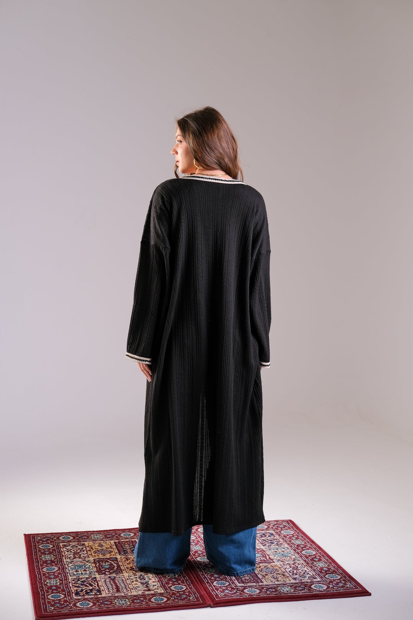 Black Ribbed Knit Maxi Kimono